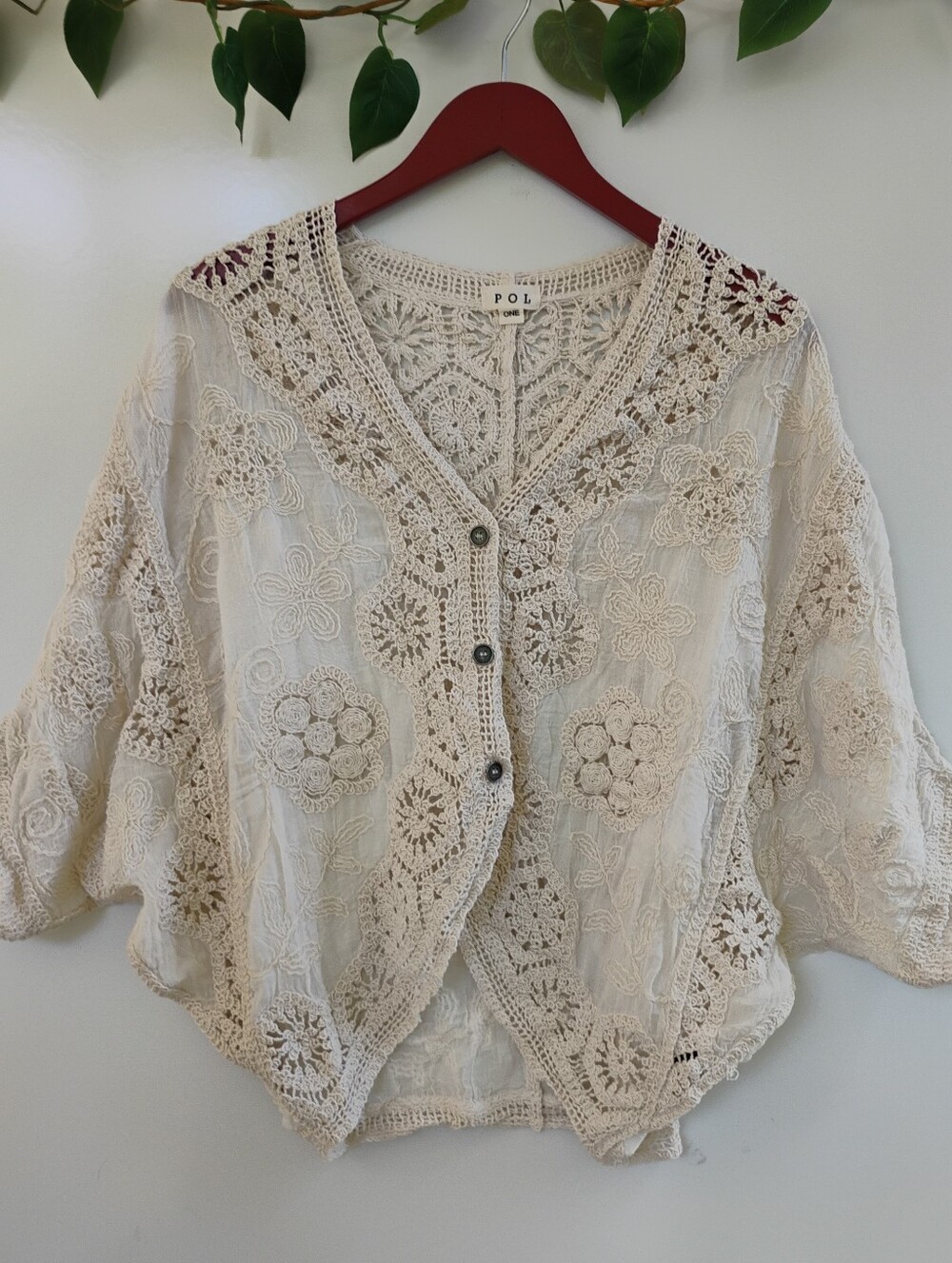 NEW POL CREAM CROCHETED BUTTON FRONT TOP